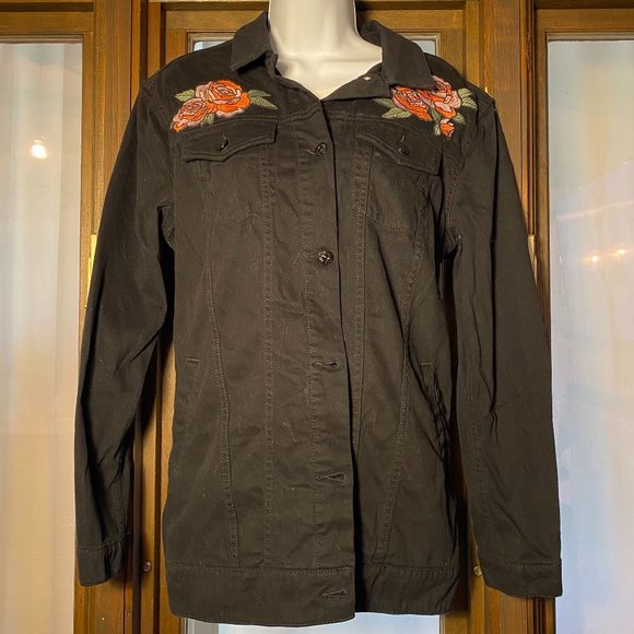 Black Jacket with Red and Pink Embroidered Roses Women's Size M - LULAROE Jaxon - Picture 2 of 6